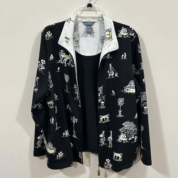 VTG 90s Koret Womens Knit Jacket w/ Pockets Full Zip Black City Scene Size LG - Picture 4 of 9